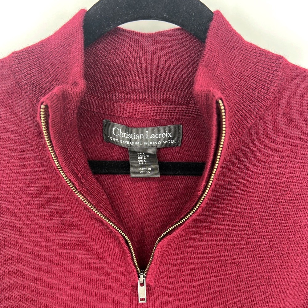Christian Lacroix Large 100% Extrafine Merino Wool Burgundy Quarter Zip Sweater - Picture 4 of 10